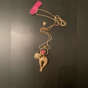 Betsey Johnson Gold Kitty Necklace with Pink Bow